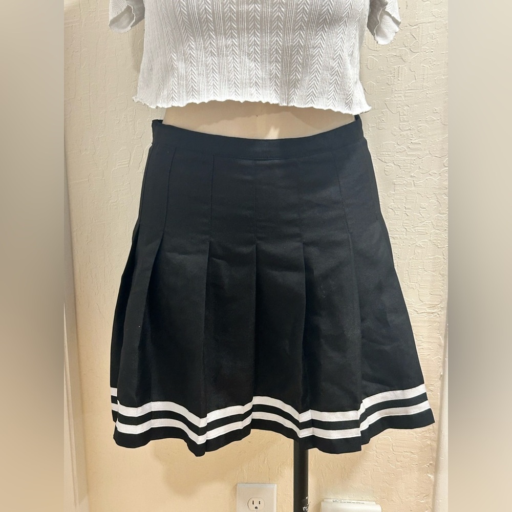 dELiA*s Black Pleated Skater Skirt with White Stripe Hem